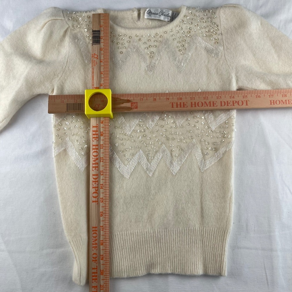 Marisa Christina Cream Beaded Chevron Angora Lambswool Sweater Puff‎ Sleeve - Picture 7 of 8